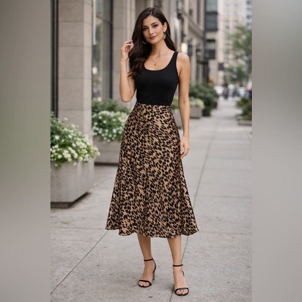 Sienna Sky Satin Leopard Print Midi Skirt Animal Print Medium